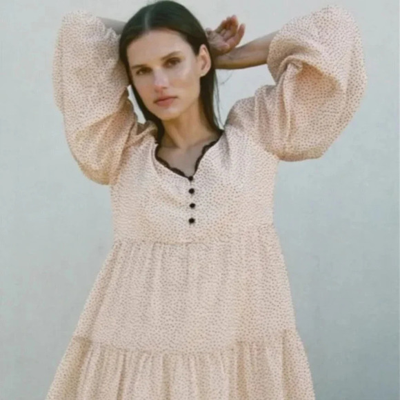 Zara Polka Dot Lace Trim Tiered Babydoll Mini Dress Beige Pink Sz Small - Picture 4 of 8